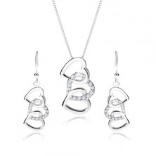 925 silver set, earrings and necklace - silhouettes of three interconnected hearts, clear zircons