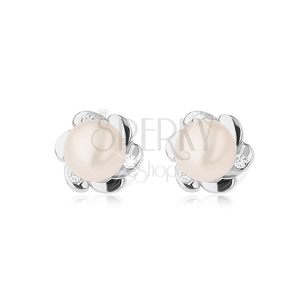 925 silver earrings, flower with smooth and zircon petals, white pearl