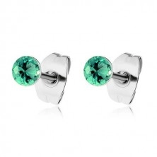 Steel earrings, round shimmering zircons in green tone