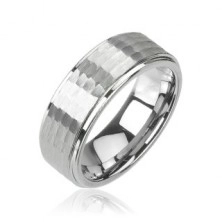 Tungsten ring in silver colour, cut pattern, 8 mm