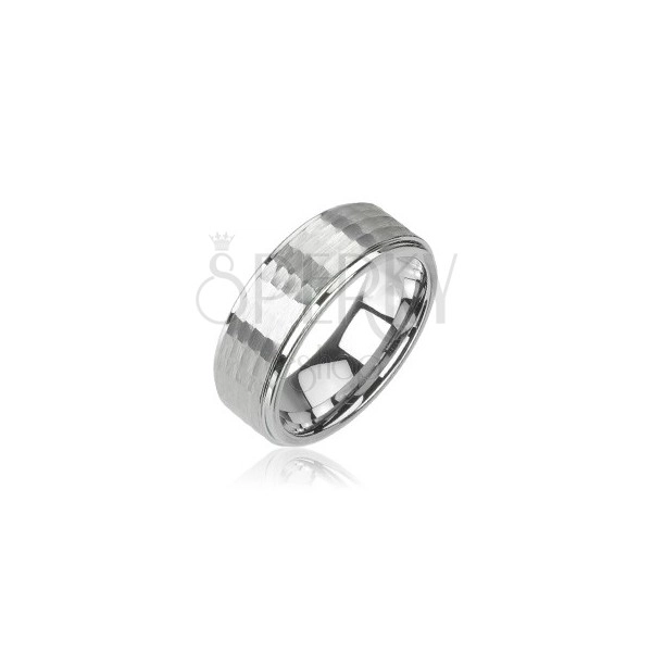 Tungsten ring in silver colour, cut pattern, 8 mm