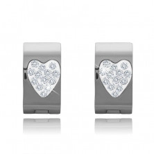 Steel earrings with heart-shaped cutout inlaid with clear zircons