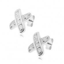 Stud earrings, crossed lines decorated with clear zircons, 925 silver