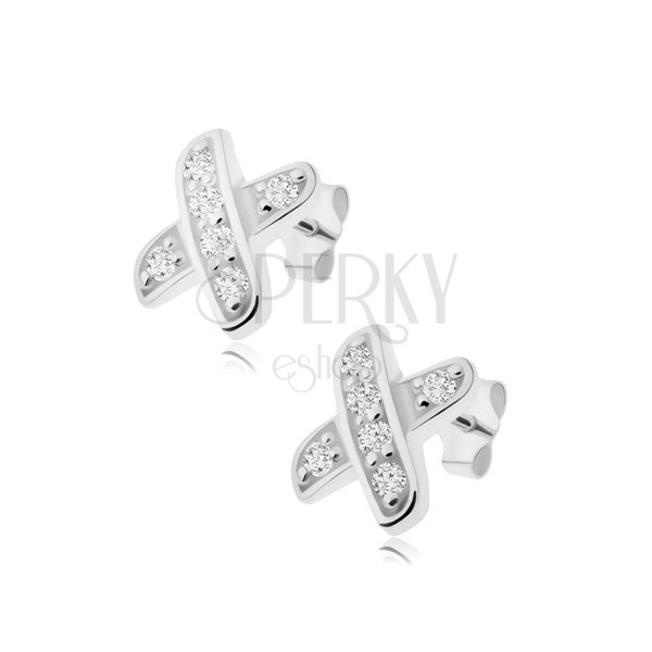 Stud earrings, crossed lines decorated with clear zircons, 925 silver