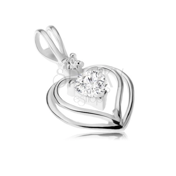 925 silver pendant - two heart outlines, clear zircon heart