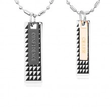 Two steel necklaces, tags with black triangles and inscriptions