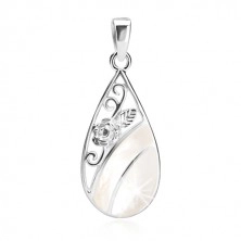 925 silver pendant, raindrop decorated with nacre and engraved rose
