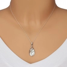 925 silver pendant, raindrop decorated with nacre and engraved rose