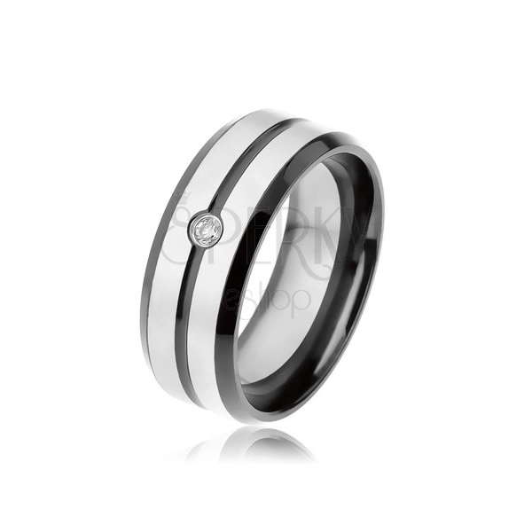 Black ring made of 316L steel, matt stripes of silver colour, clear zircon