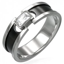 Stainless steel ring with zircon - black stripe and shiny lining