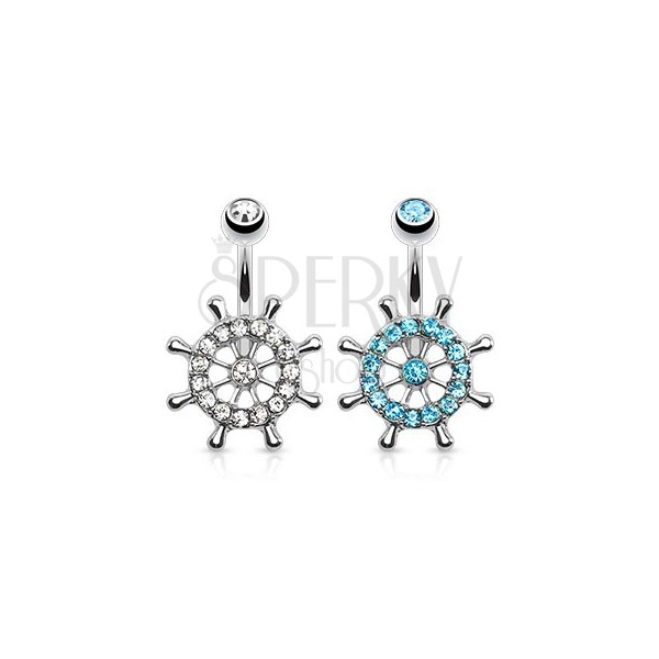 Steel belly button piercing, ship helm decorated with zircons