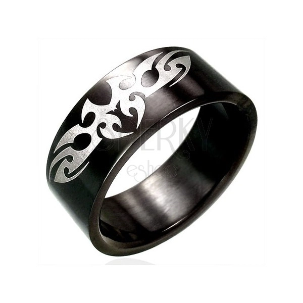 Black stainless steel ring with TRIBAL symbol