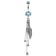 Navel piercing in silver shade, engraved feather, chains, coloured zircons