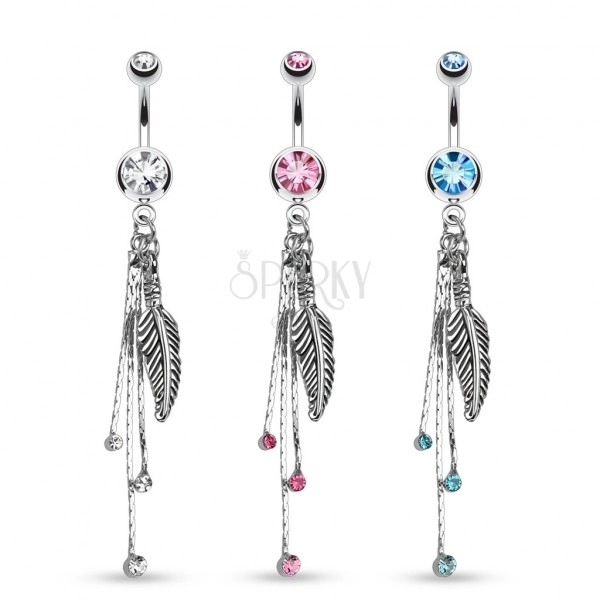 Navel piercing in silver shade, engraved feather, chains, coloured zircons