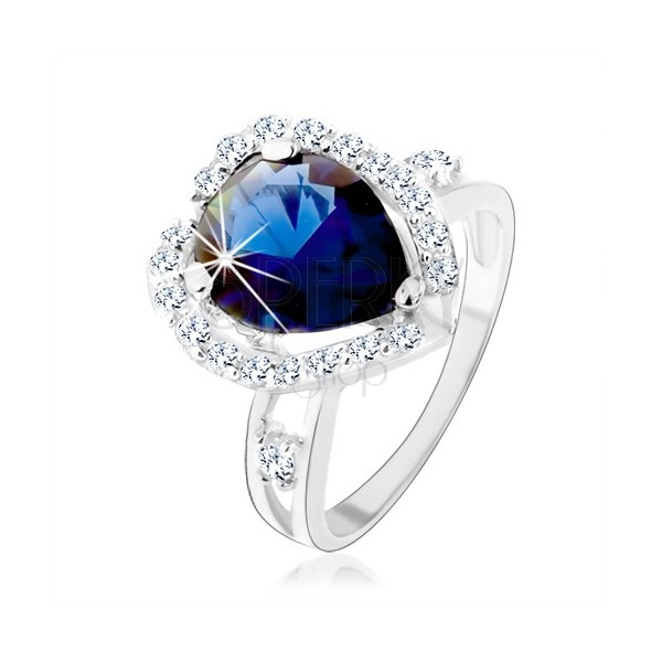 Ring, 925 silver, split shoulders, blue zircon - teardrop, glittering rim