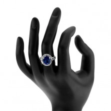 Ring, 925 silver, split shoulders, blue zircon - teardrop, glittering rim