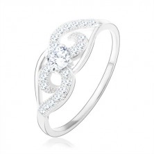 Ring, 925 silver, asymmetrical curved lines, clear round zircon