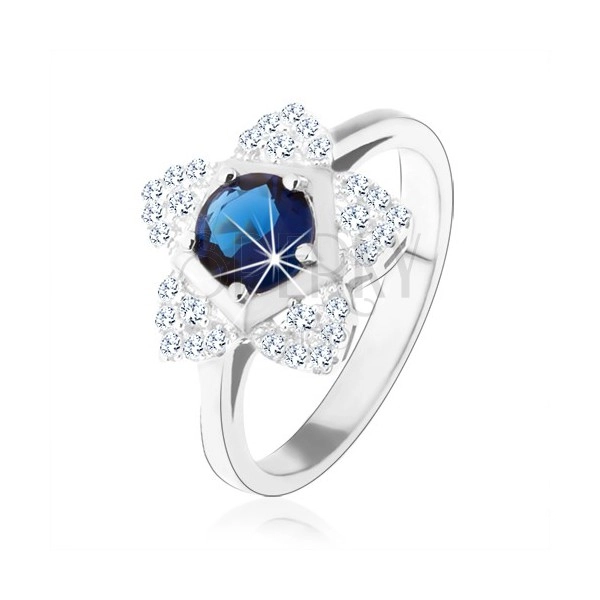 Engagement ring, 925 silver, shimmering flower, round blue zircon