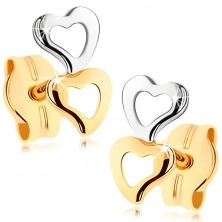 Earrings made of 375 gold - two heart outlines, two-tone version