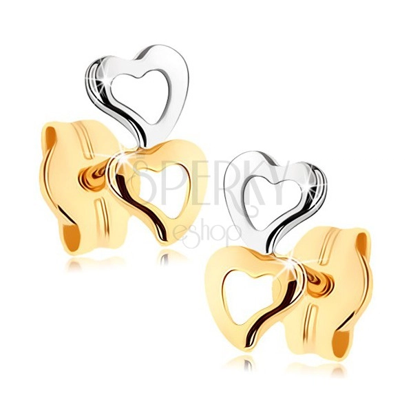 Earrings made of 375 gold - two heart outlines, two-tone version