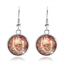 Cabochon earrings, circle, glaze, skull surrounded by flowers, Afrohooks