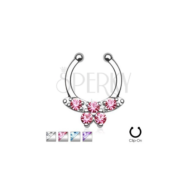 Steel fake nose piercing, horseshoe with balls, zircon butterfly