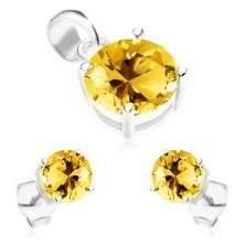 Set made of 925 silver, earrings and pendant, round shimmering zircons of yellow colour