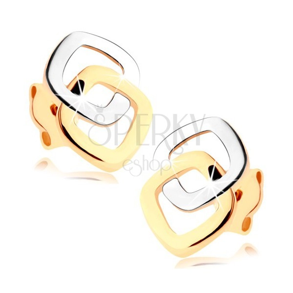 Stud earrings made of 9K gold - two-tone rounded square outlines