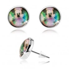 Stud cabochon earrings, clear glaze, colourful picture of Minnie Mouse