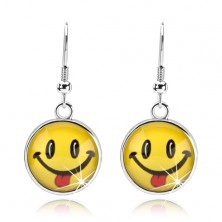 Cabochon earrings, glaze, smiley with stuck-out tongue, Afrohooks