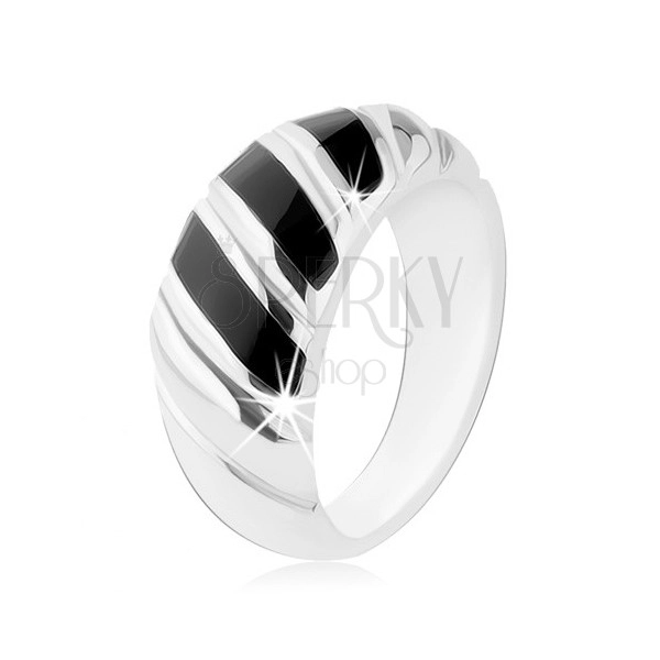 Ring, 925 silver, three slanted strips in black colour, grooves
