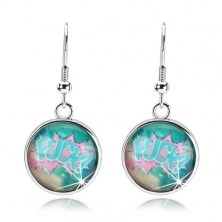 Cabochon earrings, transparent glass, multicoloured background, inscription