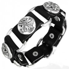Black leather bracelet fleur de lis cross