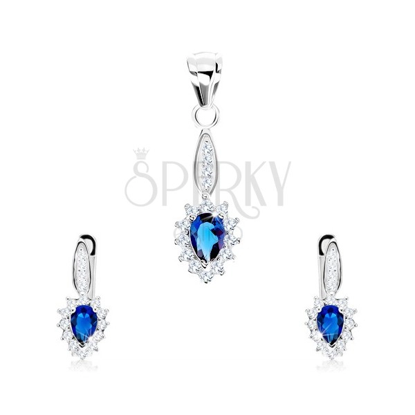 Set made of 925 silver, earrings and pendant, upturned blue tear, clear rim