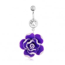 316L steel navel piercing, 3-D FIMO rose with white lining, zircon