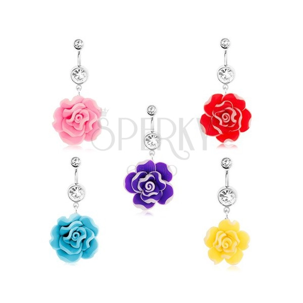 316L steel navel piercing, 3-D FIMO rose with white lining, zircon