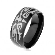 Glossy steel ring in black colour, grey tribal motif, smooth surface