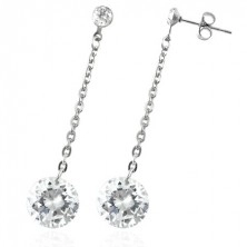 Steel earrings - big dangling zircon in clear colour, chain