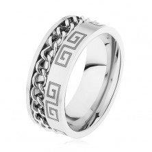 Steel ring in silver colour, groove with chain, Greek key