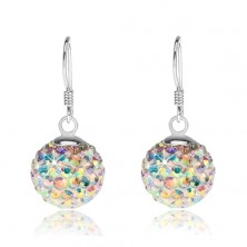 White ball-shaped earrings made of 925 silver, crystals with rainbow-like gleam, 12 mm