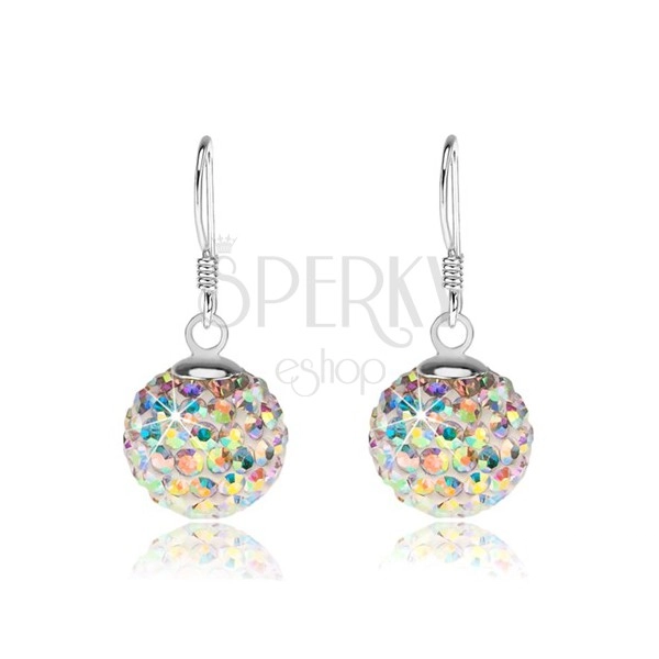 White ball-shaped earrings made of 925 silver, crystals with rainbow-like gleam, 12 mm