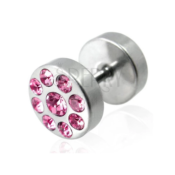 Fake plug in a silver colour with zircons - barbell motif