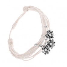 Adjustable braided bracelet, white wax cords, steel charms - flowers