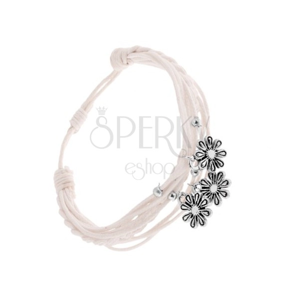 Adjustable braided bracelet, white wax cords, steel charms - flowers