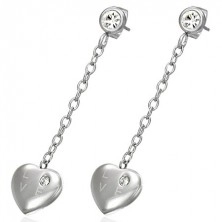 Dangling steel earrings - heart with zircon, inscription LOVE