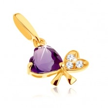 Pendant in yellow 14K gold - bow made of two hearts, violet amethyst, clear zircons