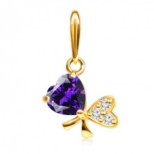 Pendant in yellow 14K gold - bow made of two hearts, violet amethyst, clear zircons