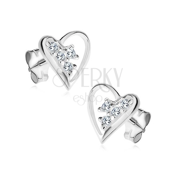 925 silver earrings, asymmetrical heart outline, clear zircons