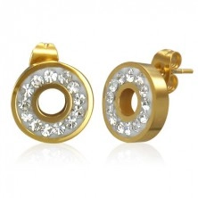 Steel earrings in gold colour - circle inlaid with glistening clear zircons