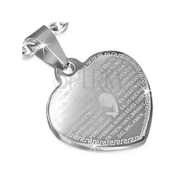 Steel pendant, flat heart in silver hue, prayer